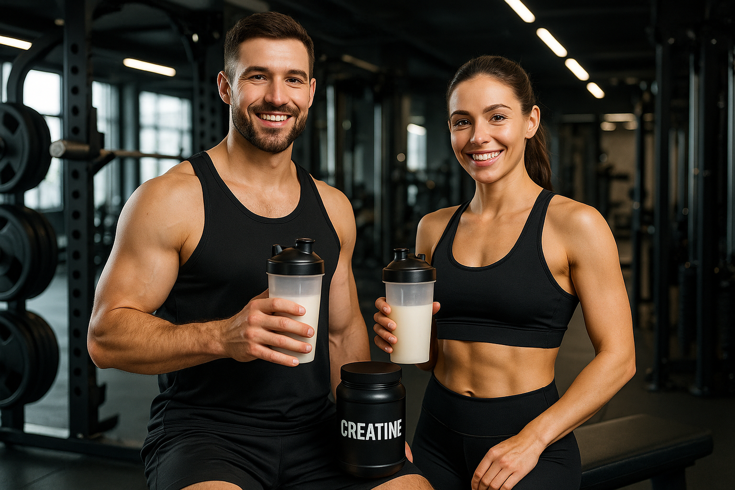Homme et femme dans une salle de sport qui prennent de la créatine